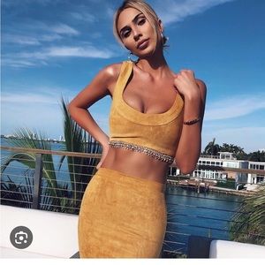 Oh Polly Ring My Bell Suede Embellished Mini Skirt and Top In Mustard